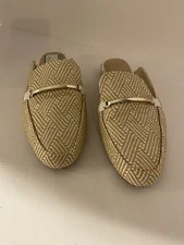 Kelly & Katie Women's Woven Flat Mules Beige and White Textile Upper Size 6.5
