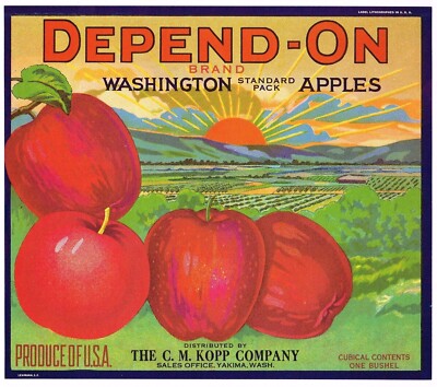 Mint! Original Full Size DEPEND-ON Apple Crate Label C.M.Kopp Company  Yakima