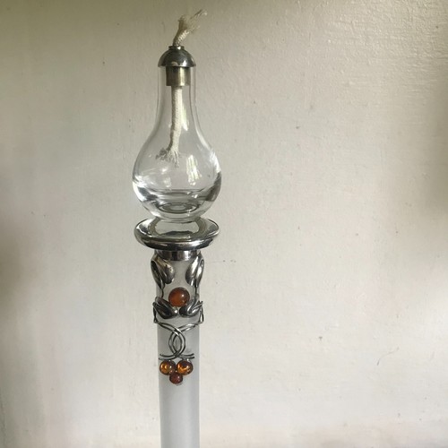 Oil Lamp Sterling Silver Amber mounted frosted glass tall Art Nouveau light old - Picture 3 of 23