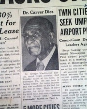GEORGE WASHINGTON CARVER Death w/ photo BLACK Scientist Educator 1943 Newspaper 