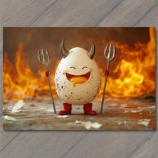 POSTCARD Deviled Egg Devil Horns Trident Fiery Background Fun Pun Cute Hell