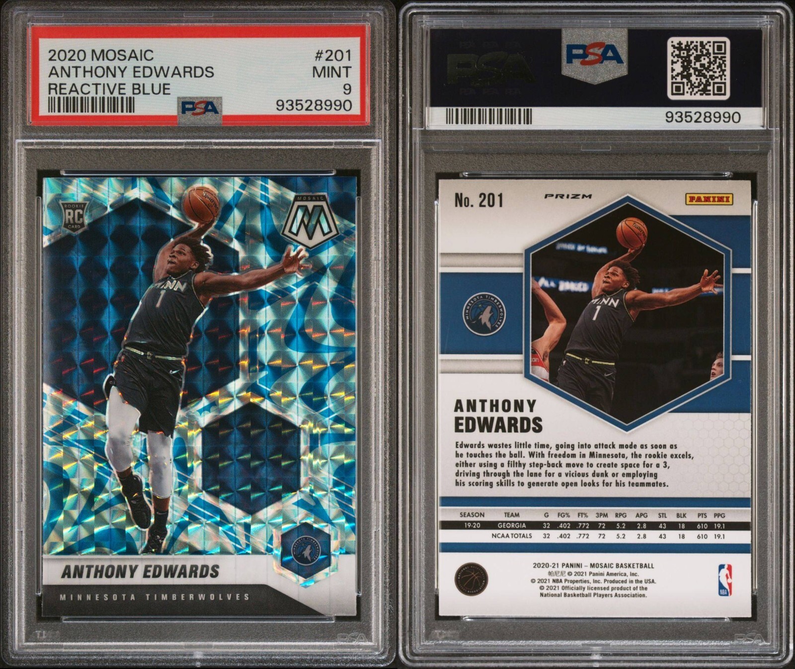2020-21 Anthony Edwards Panini Mosaic Reactive Blue #201 Timberwolves PSA 9 🐜