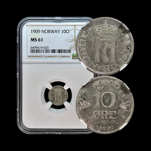 NORWAY. 1909, 10 Ore, Silver - NGC MS61 - Haakon VII, Crowned Monogram