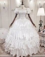 Vintage White Princess Satin Wedding Dress Lace Applique Bridal Gowns Victorian