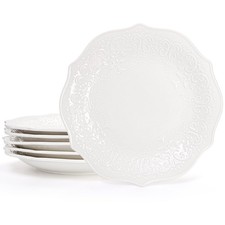 Set of 6 Porcelain Dinner Plate, 10.5'' Embossed Salad Plates, White Dessert ...