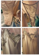 VTG SILKY SHEER Chiffon Babydoll String bikini Panties Aplq Venice pearls L SET