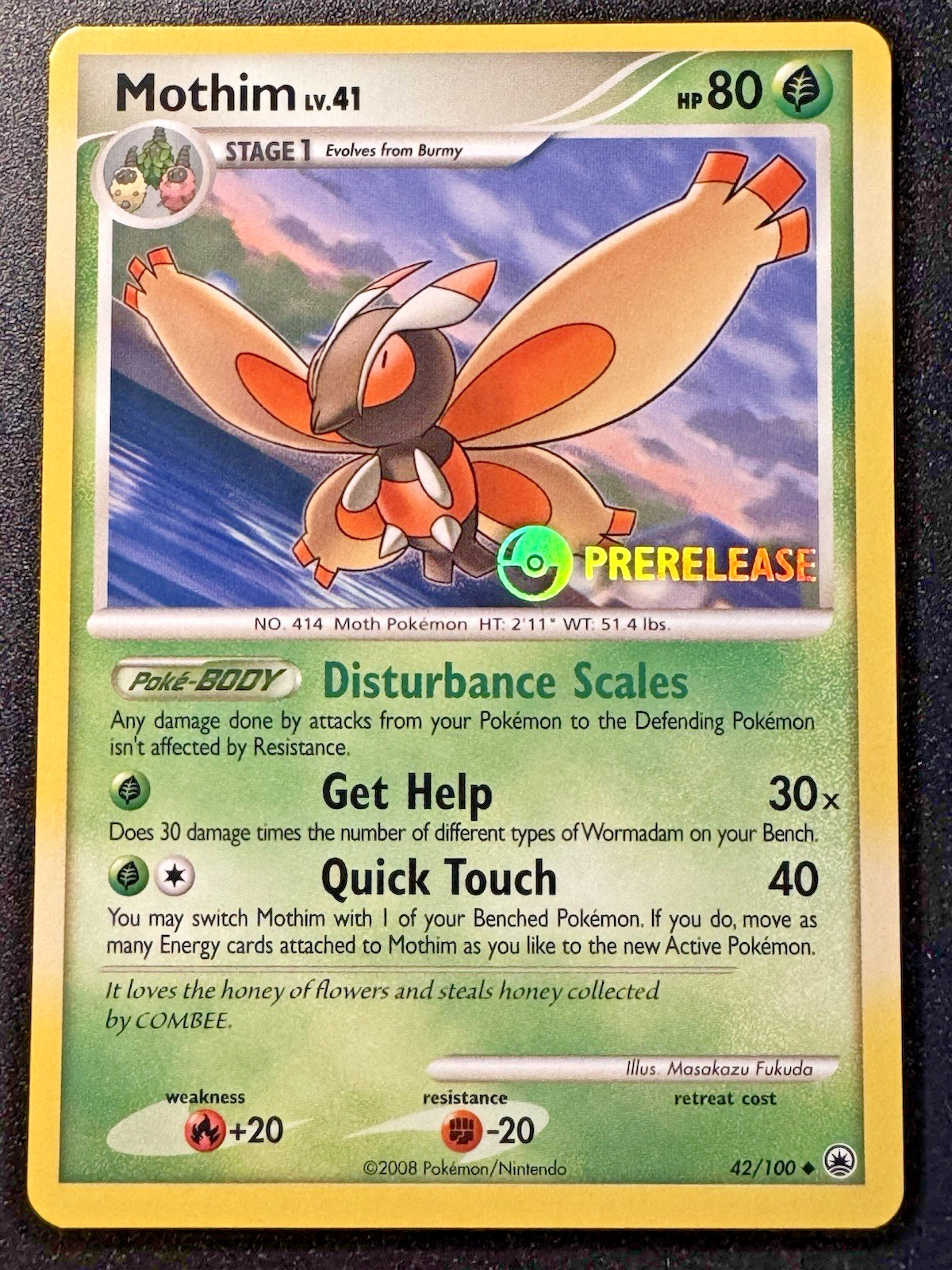 Prerelease Mothim 42/100 D&P Majestic Dawn Pokemon Card Rare Stamped Near Mint