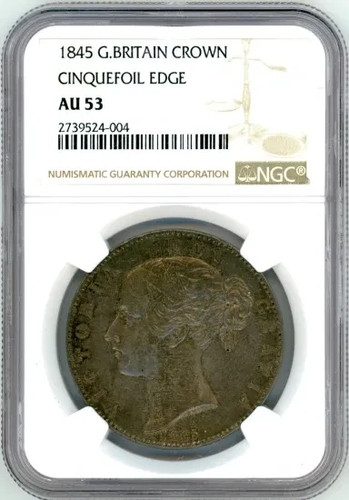 British Crown Silver Coin Victoria Young 1845 Cinquefoil Edge NGC AU53 - Picture 3 of 4