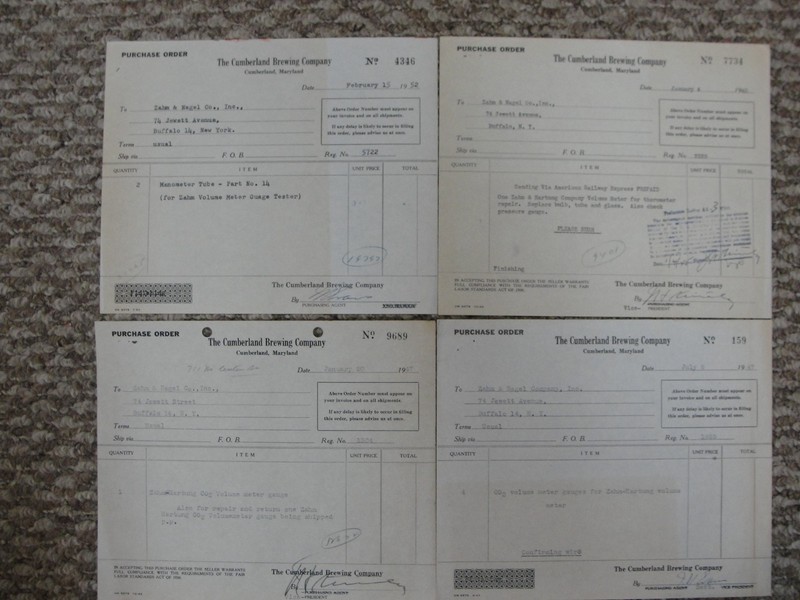 4 Cumberland Brewing Co. Purchase Order Papers Cumberland, MD 1950's