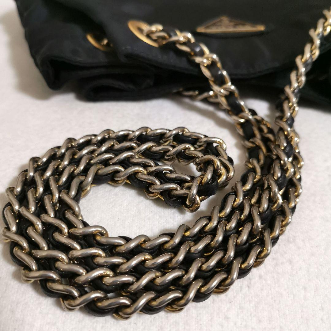 PRADA Triangular Logo Double Chain Shoulder Bag Tote Bag Quilted Nylon Black F/S thumbnail 8