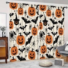2Pcs Halloween Pumpkin Bat Spiderweb Curtains Thermal Insulated Drape Home Decor
