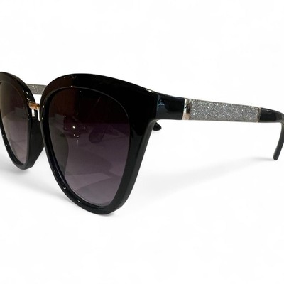 Black cat eye sunglasses with silver glitter detail, featuring UV400 protection