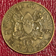 VF/XF  1978 KENYA 10 CENTS KENYATTA LIONS IN ARMS COIN-DEC569
