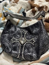 Raviani Black Crocodile Leather Swarovski Crystal Cross Bag 