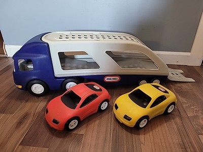 Vintage Little Tikes Car Carrier Blue Large Semi Truck Trailer Hauler 2 Cars USA