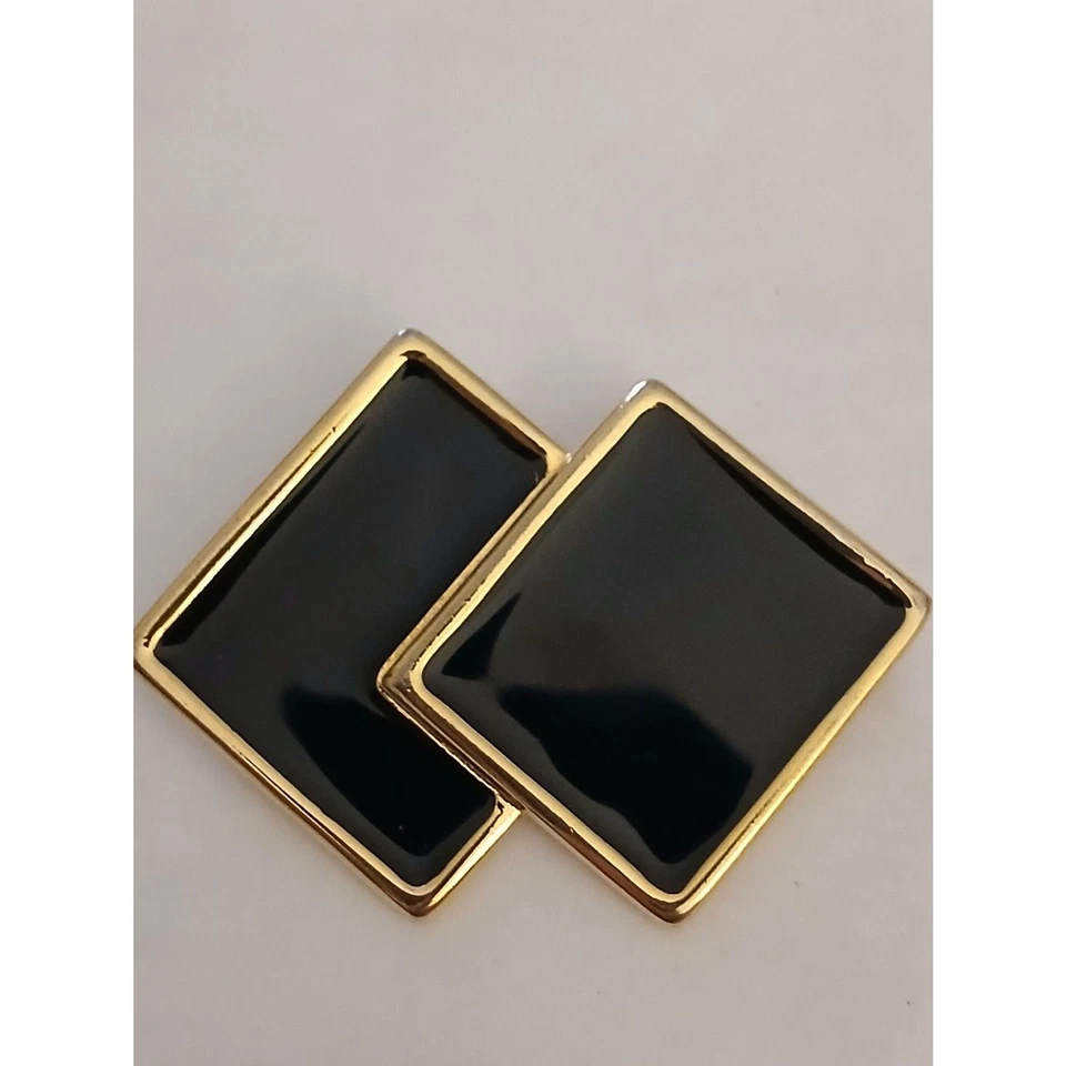 Broche prendedor cuadrado geométrico tono dorado esmalte negro vintage años 80 audaz Foto 3 de 4