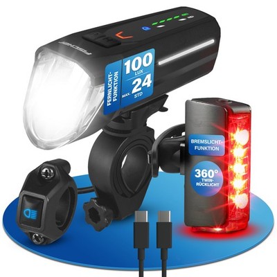 Fahrradbelechtung FISCHER LED Akku Set Fernlicht Bodenleuchte Stopplicht 180 LUX