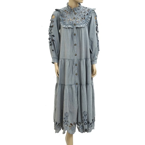 Anthropologie Eyelet Embroidered Midi Dress Buttondown Ruffle Tiered S ...