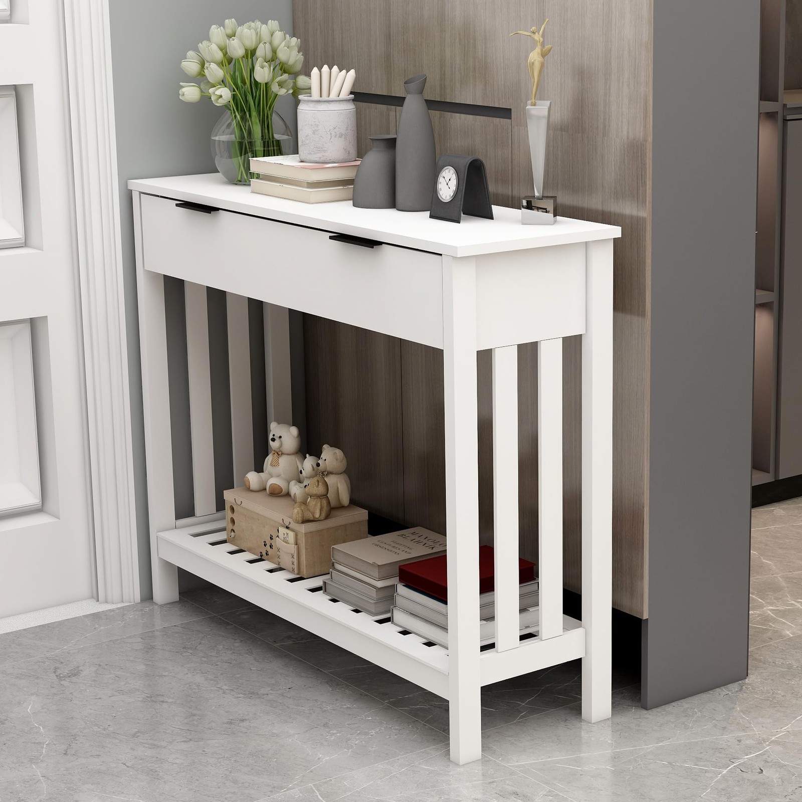 White Narrow Console Table with Storage Modern Wood Entryway Table with Drawe...