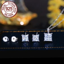 Exquisite Square Cubic Zirconia Necklace Earrings S925 Silver Women Jewelry Set