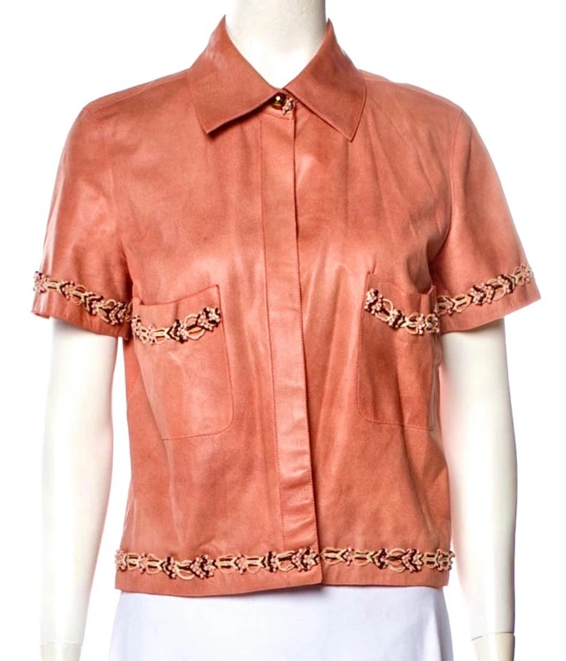 5K Mint Chanel Vintage 2008 Pink Leather Jacket Top 36 38 40 6 8 Shirt Logo S M - Image 4 of 4