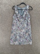 Ann Taylor Loft Dress Womens 4 Gray Purple Floral Ruffle Neck Sleeveless Casual