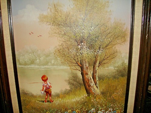 Charles Manning Oil Painting Canvas Signed Boy Fishing Lake Country Fishing - Picture 3 of 10