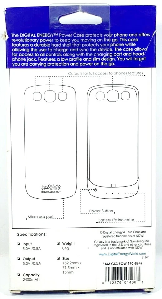 Funda de alimentación Digital Energy 2400mAh para Samsung Galaxy S III, blanca Foto 2 de 3
