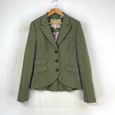 Jack Wills Tweed Jacket Womens 8 10 Green Check Wool Fox Country Hacking Blazer