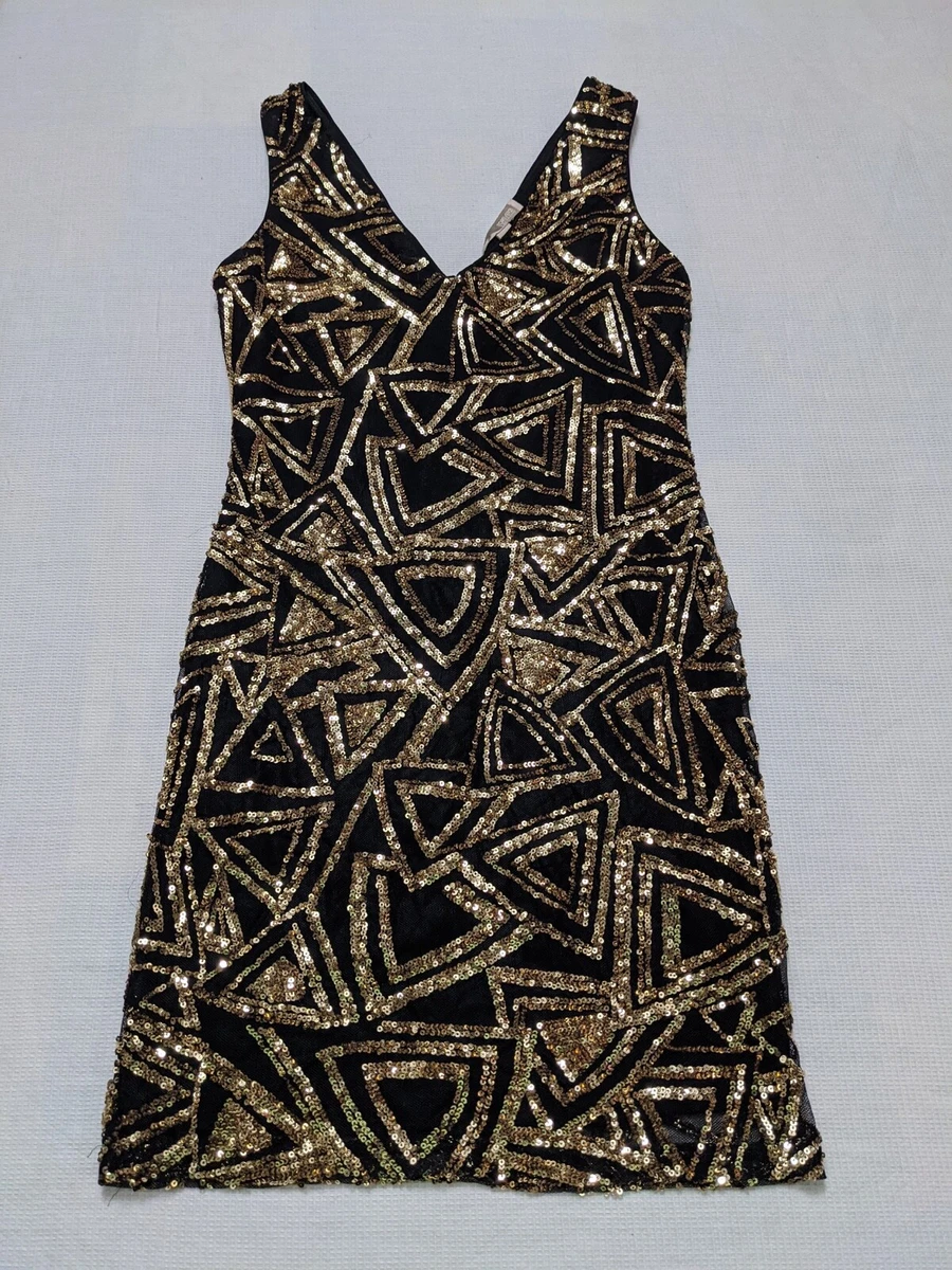 Forever 21 Contemporary Sequined Mini Dress Sleeveless Black Gold Small