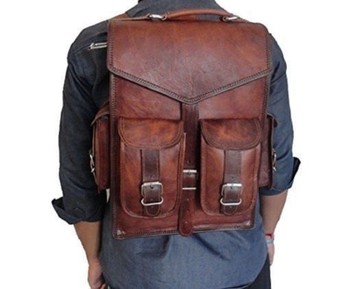 Real genuine mens leather backpack bag satchel briefcase laptop brown vintage