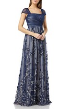 CARMEN MARC VALVO Navy Blue Embroidered Floral Lace Pleated Tulle Maxi Gown 8 M