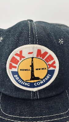 Vintage Tex Mex Drilling Roswell NM High Crown Denim Hat Trucker Cap Oil Field