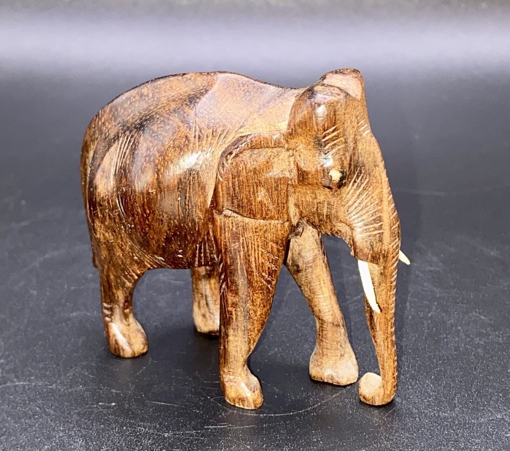 VTG Handcarved Wood Elephant Figurine With White Tusks
