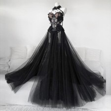 Gothic Black Long Wedding Dress Sexy Bridal Gown Vestidos Tulle Wedding Gowns0-0