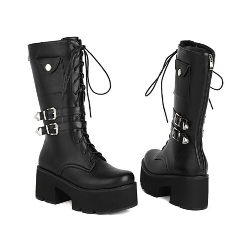 Womens Punk Gothic Platform High Heels Mid Calf Buckle Lace Up Boots Club 35-46