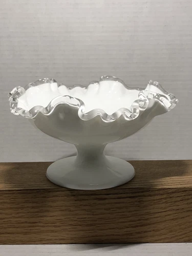 Vintage Fenton Milk Glass Ruffled Silver Crest Open Compote Pedestal Bowl 8"
