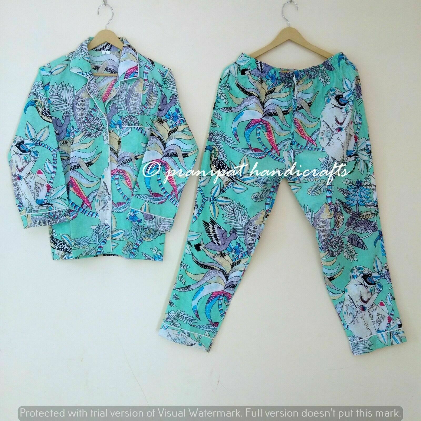Indio Mono Algodón Estampado Aguamarina Verde Mujer Gypsy Top-Pajama Set Pijama