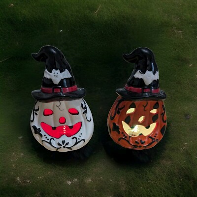 Halloween LED Kürbis Keramik Laterne Außen Innen Leuchtkürbis 1 Paar Neu