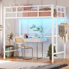White Metal Loft Bed Twin Size with LED Lights Clothes Rack Stairs for Kids