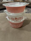 PYREX Pink & White Gooseberry Cinderella Casserole Set Glass Lids 471 472 473