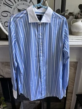 DRAKE'S men's dress shirt MTM blue & white stripes white collar cuffs 17.5 x 36