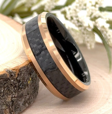 8mm Carbon Fiber Inlay Unique Style Band Polish Black & Rose Gold Tungsten Ring