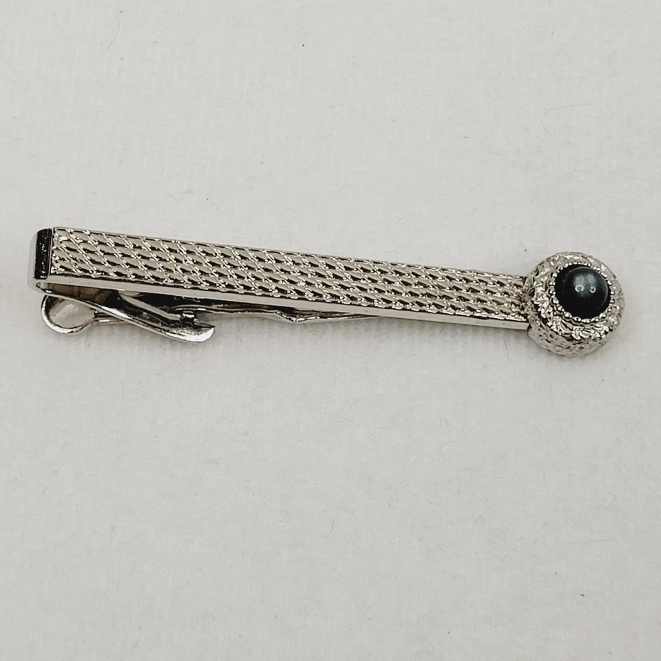 Clip de corbata vintage Swank tono plateado gris ojo de gato piedra texturizada Foto 2 de 4