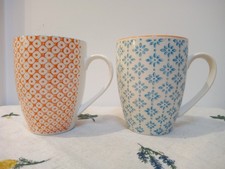 Two Nicola Spring Hand Decorated Mugs Blue and Orange Excellent Condition
