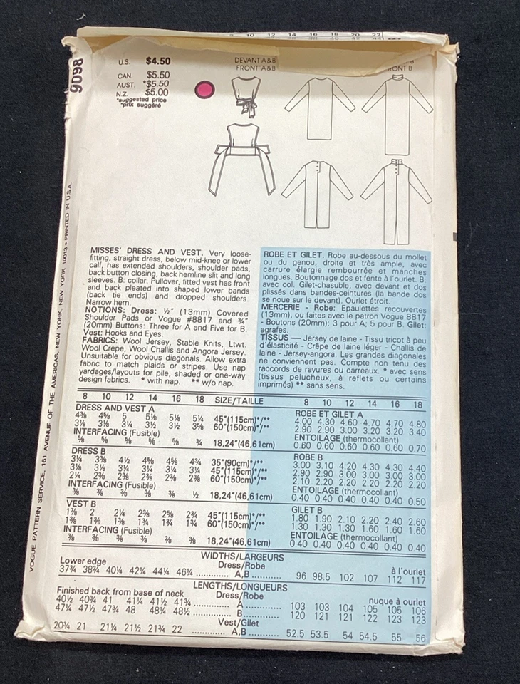Vtg 80's Vogue Pattern 9098 Dress & Vest Size 8-10-12 uncut free shipping - Image 3 of 4