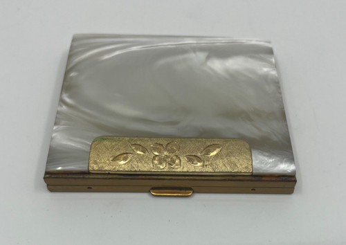 Vintage Mother of Pearl Compact Mirror Gold Tone Floral Powder Case Vanity READ