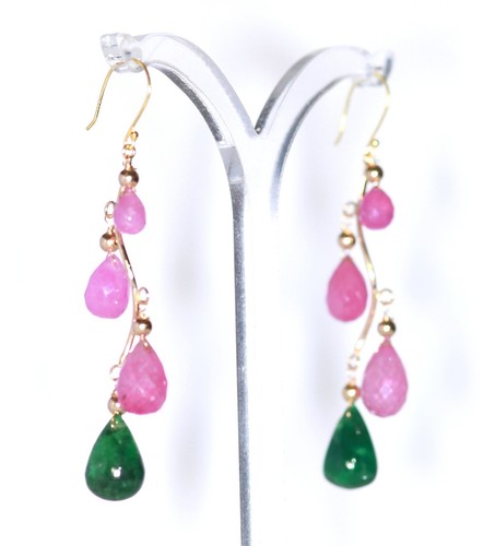 Estate genuine emerald and genuine pink sapphire earrings in 14k solid YG