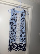 Eliza J Floral Shift Dress Women 4 Blue cottage core Lace Trim Sleeveless Pique