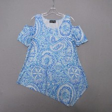 Tango Mango Top Tunic Large Blue Cold Shoulder Beachy Vacation Asymmetrical Hem